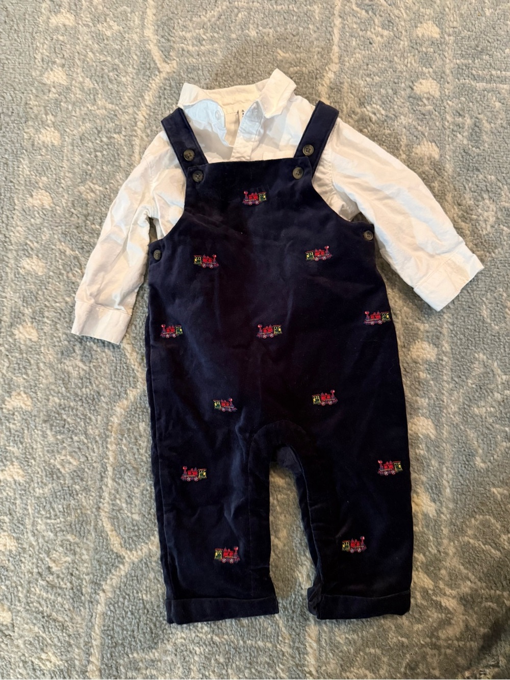 Janie and Jack Navy Train Velvet Overalls with White Button-Up Shirt